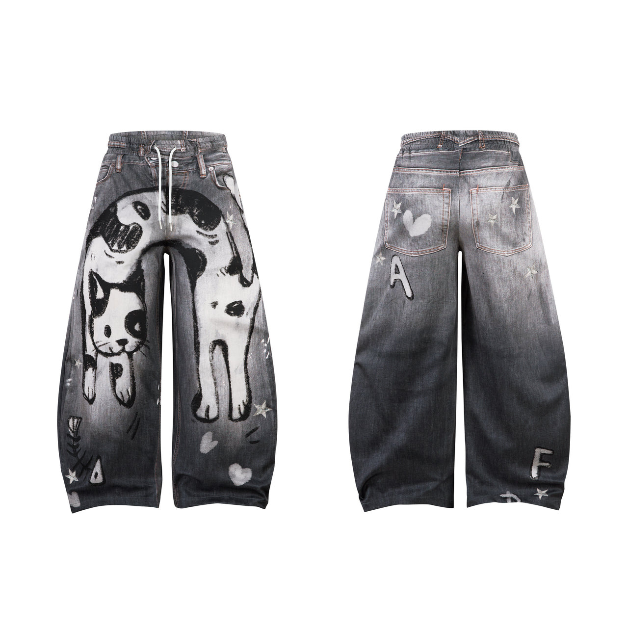 Omirad Cat Print Barrel Denim Pants