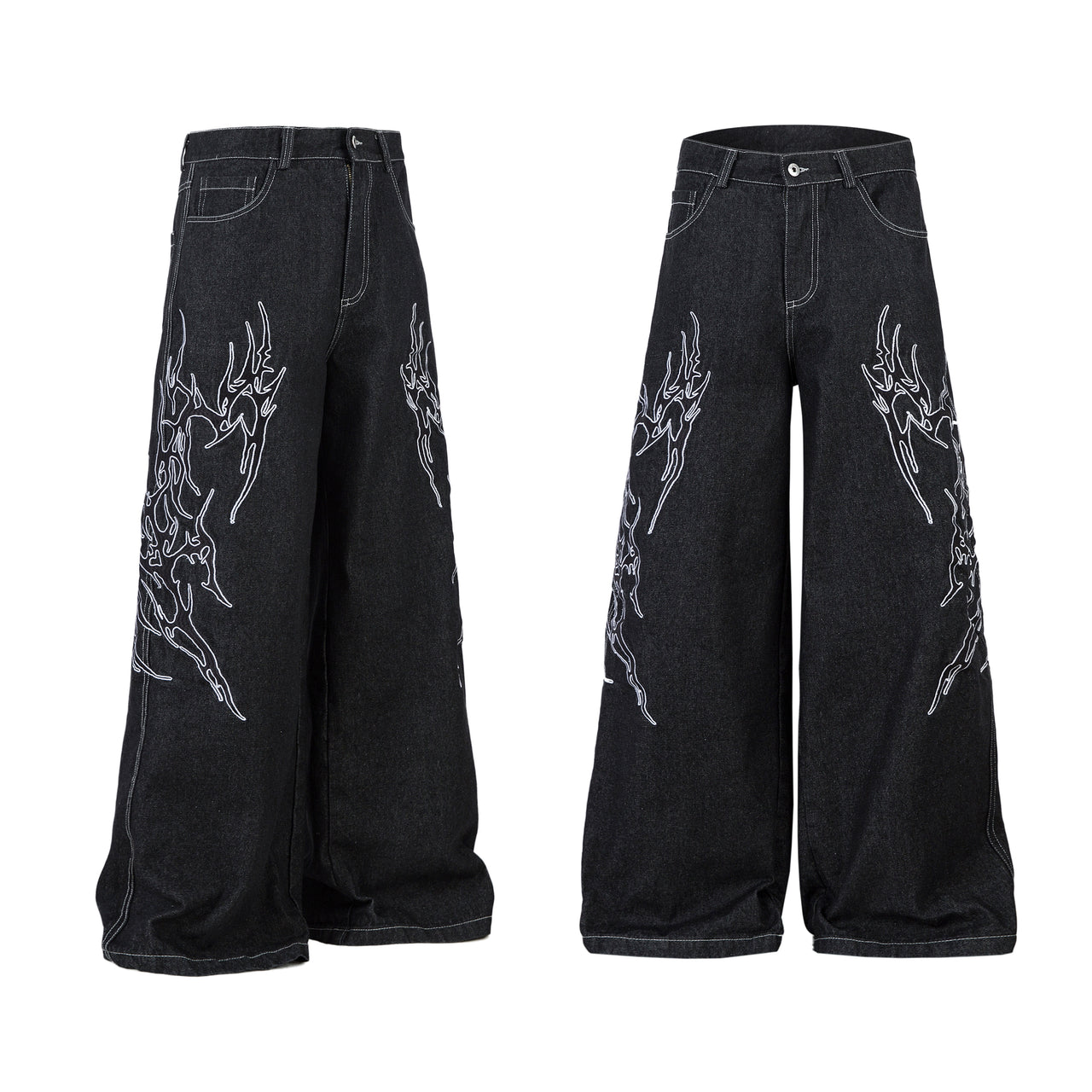 American Streetwear Embroidered Raw Denim Jeans