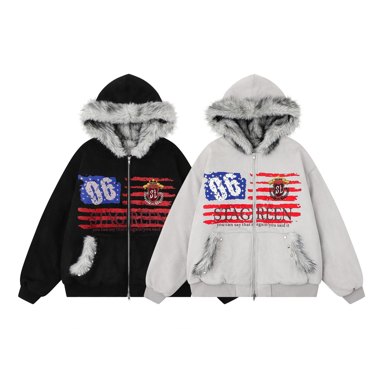 Omirad Flag Graphic Fur Hoodie Jacket