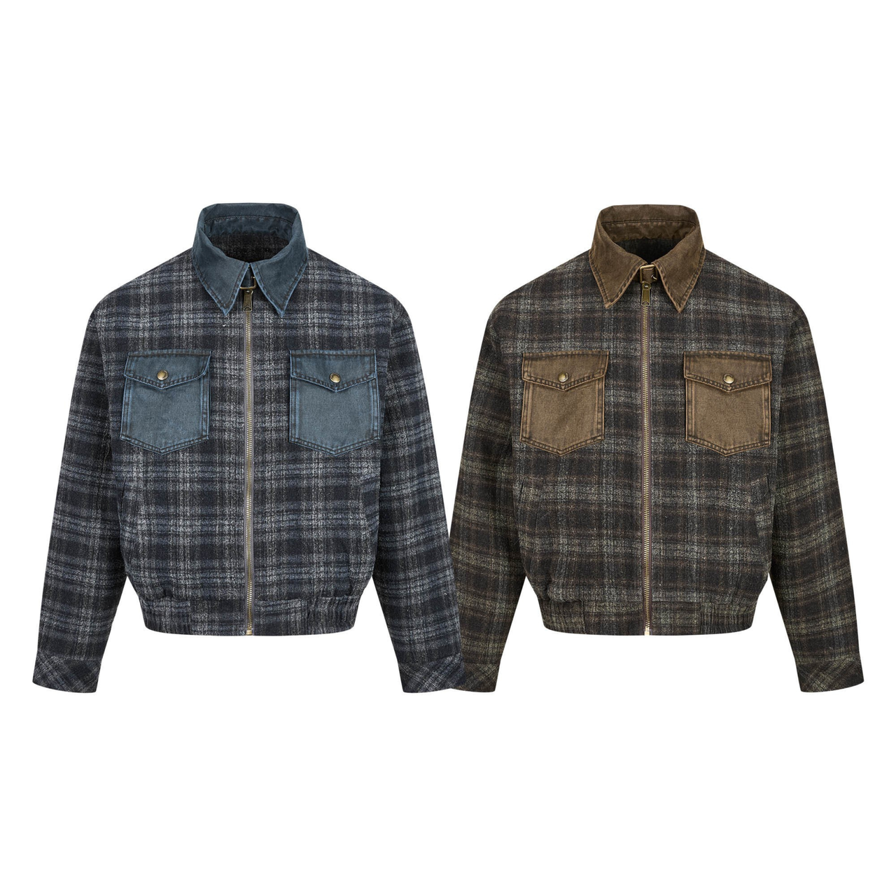Omirad Plaid Denim-Pocket Zip Jacket
