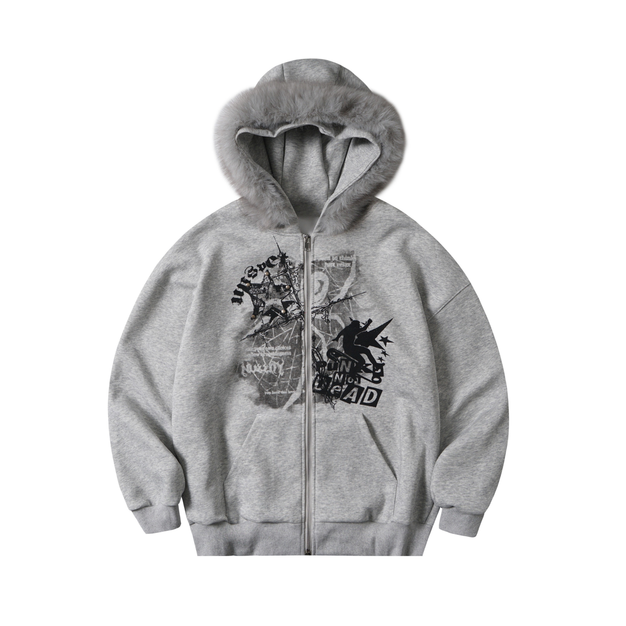 Omirad Faux Fur Trim Graphic Zip-Up Hoodie