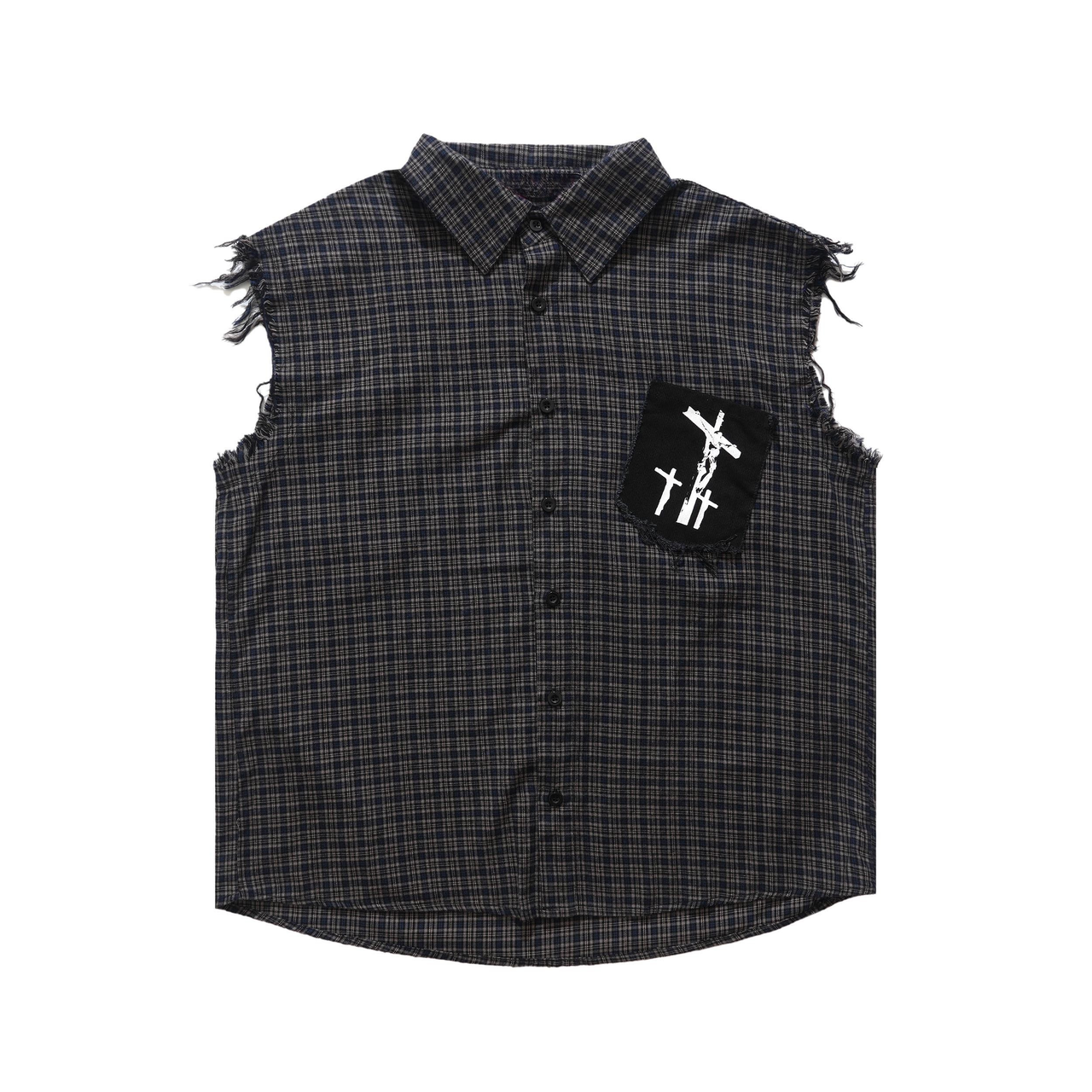 Omirad Raw-Edge Plaid Sleeveless Cotton Shirt