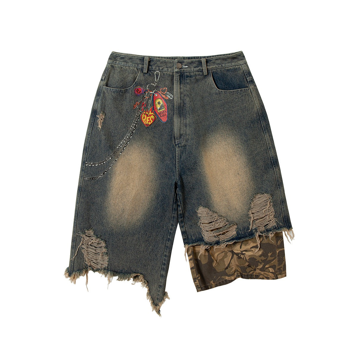 Distressed Patchwork Printed Denim Jorts