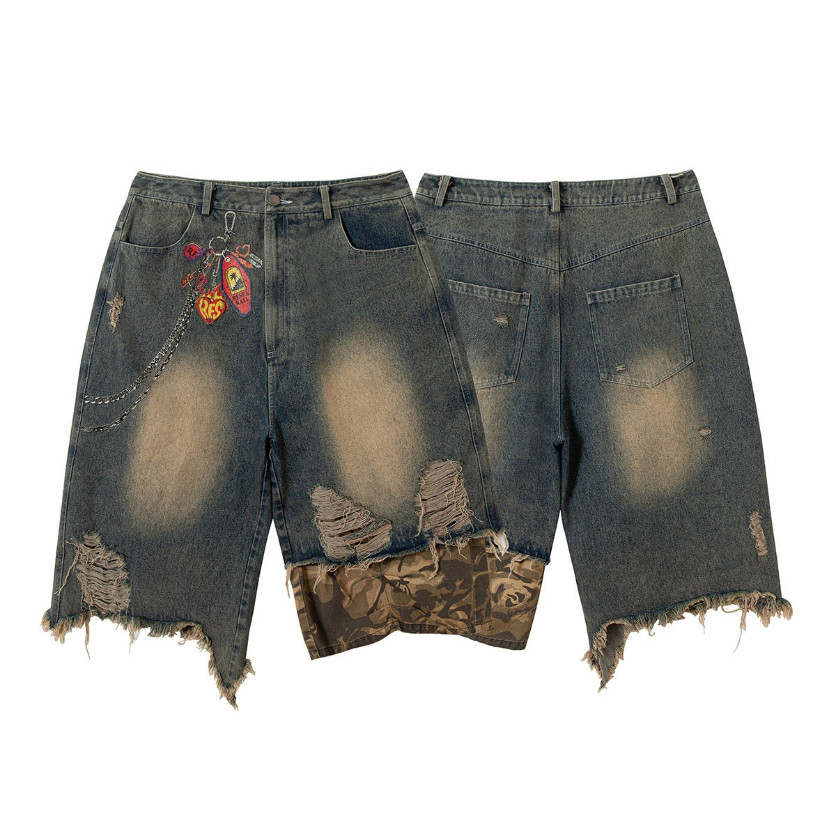 Distressed Patchwork Printed Denim Jorts