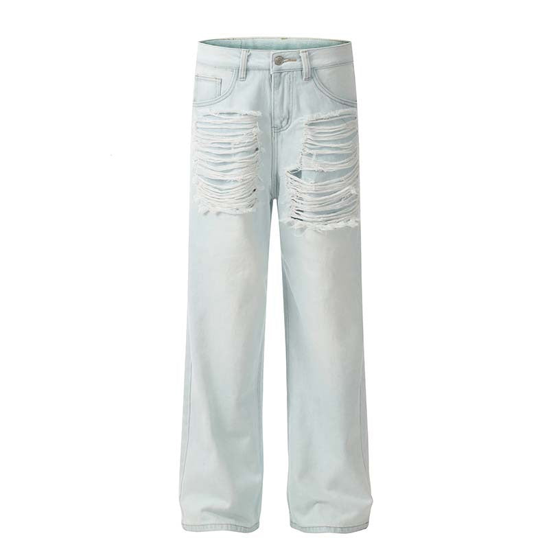 Omirad Shredded Light-Wash Wide-Leg Jeans