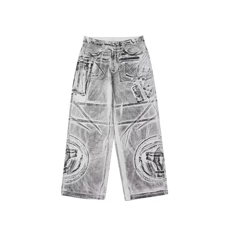 American Streetwear Color-Blocked Distressed Graphic Print Denim Jeans