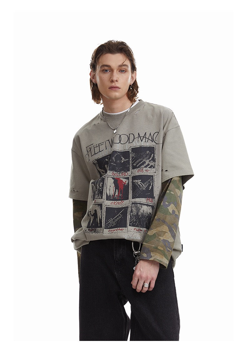 Omirad Layered Camo-Sleeve Distressed Tee