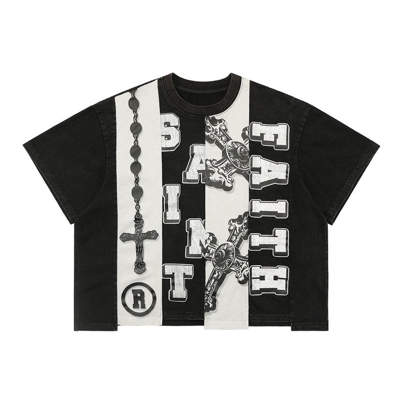 Loose Fit Asymmetrical Patchwork Short Sleeve Tee