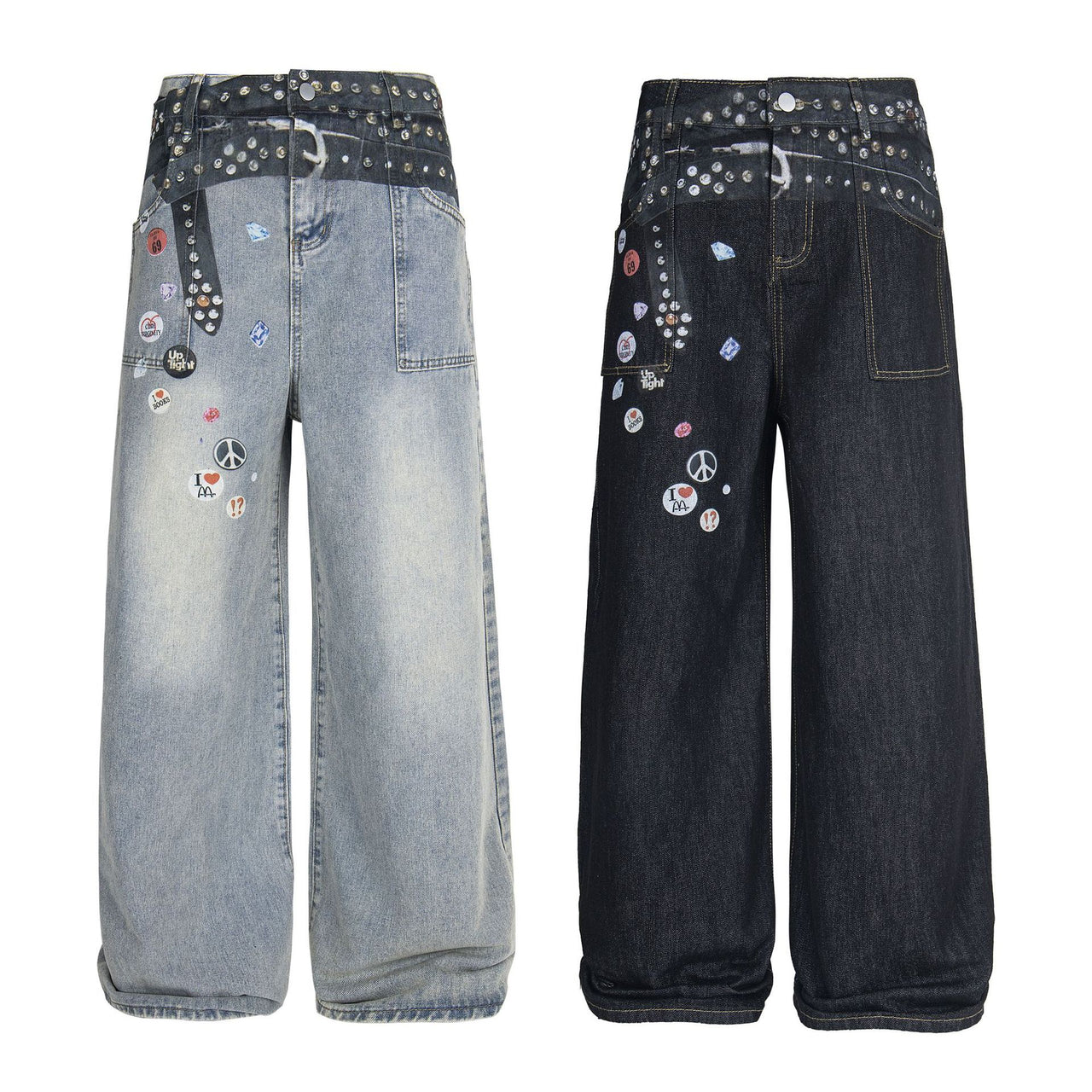 American Street Style Belt Badge Printed Denim Jeans