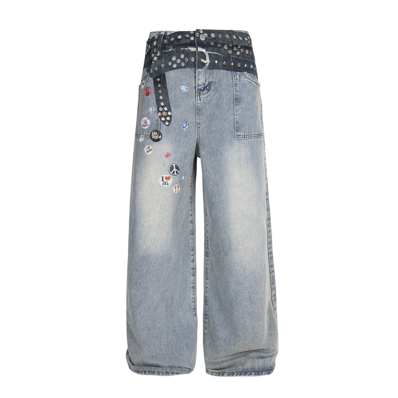 American Street Style Belt Badge Printed Denim Jeans