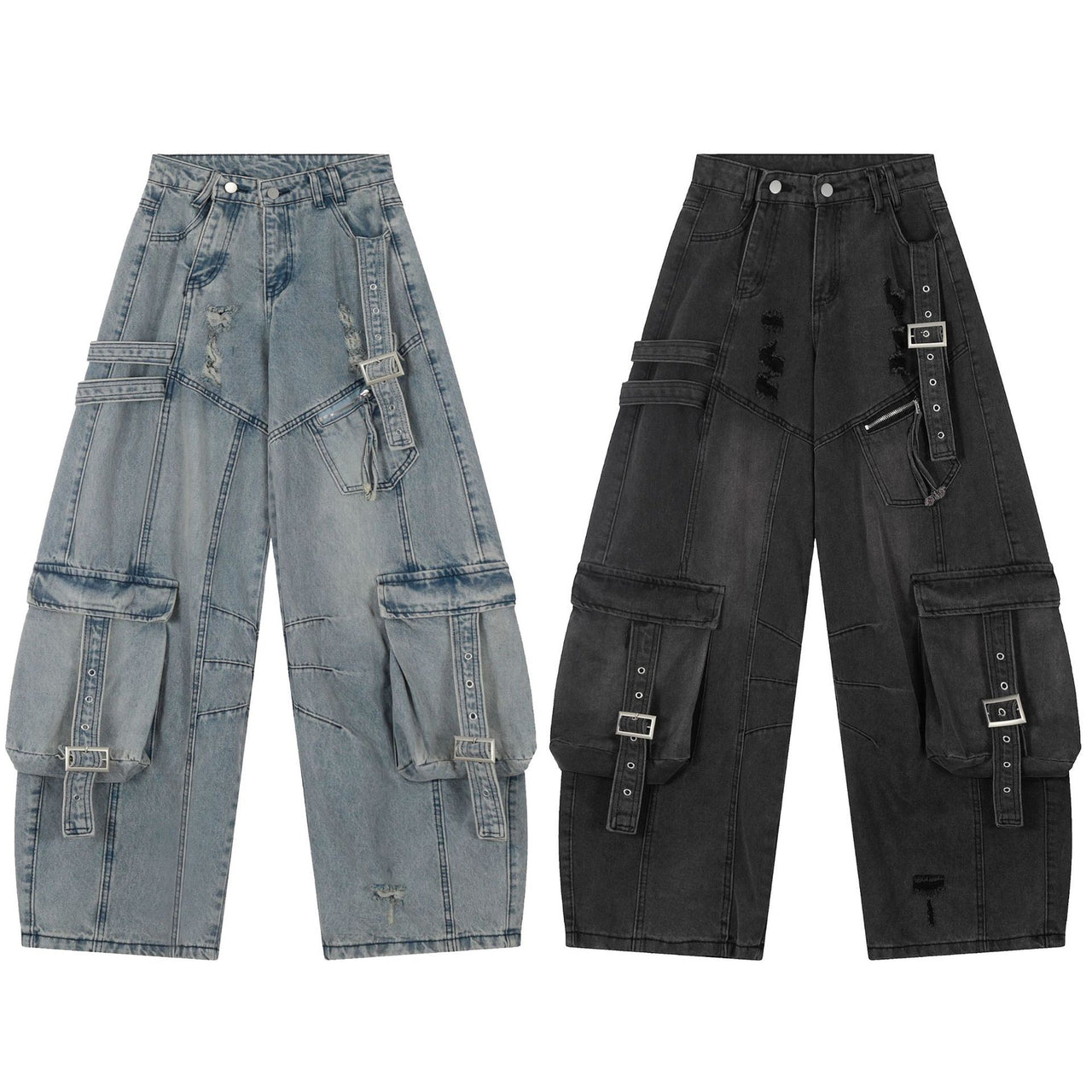 Omirad Multi-Pocket Buckle Wide-Leg Denim Pants