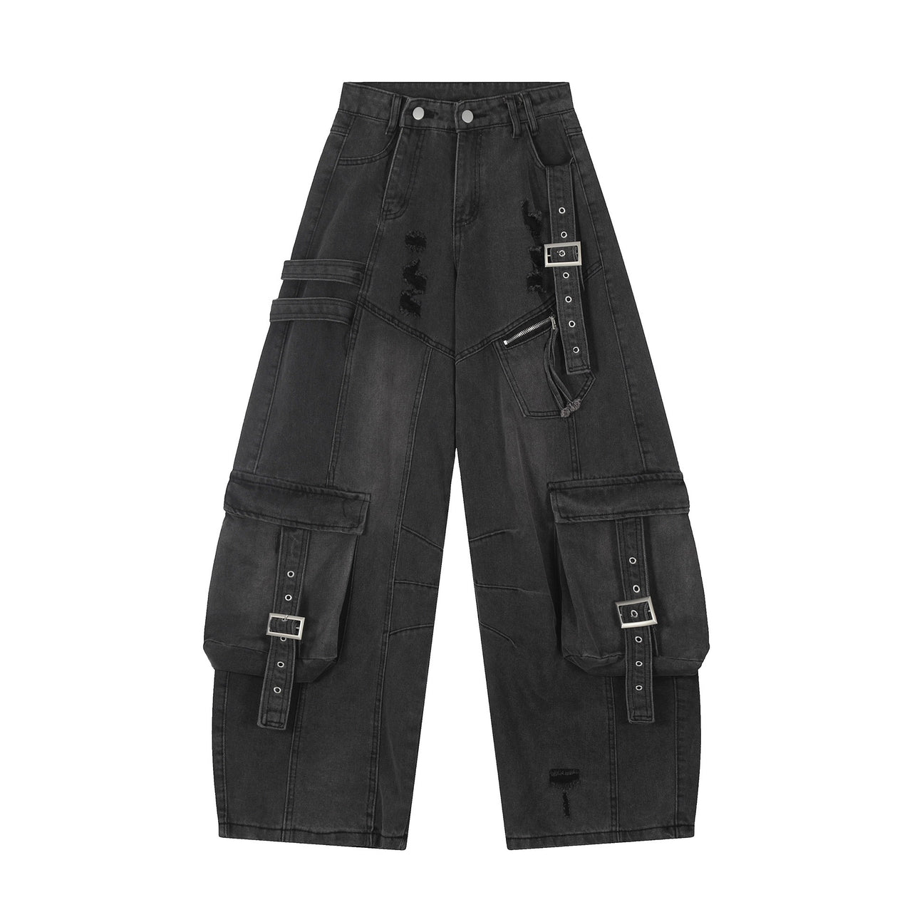 Omirad Multi-Pocket Buckle Wide-Leg Denim Pants