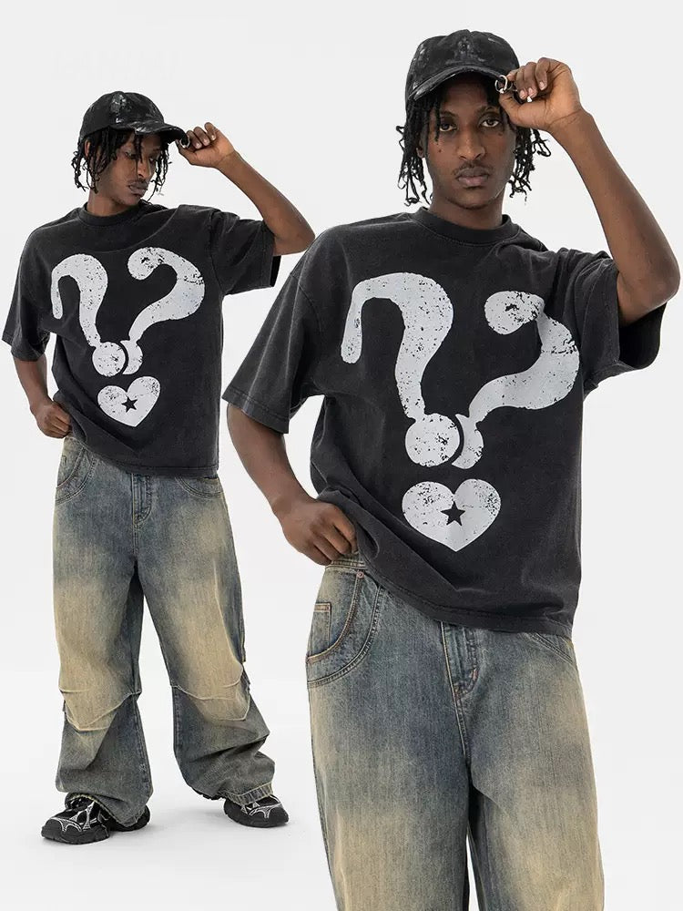American Cartoon Question Mark Distressed Graphic Tee