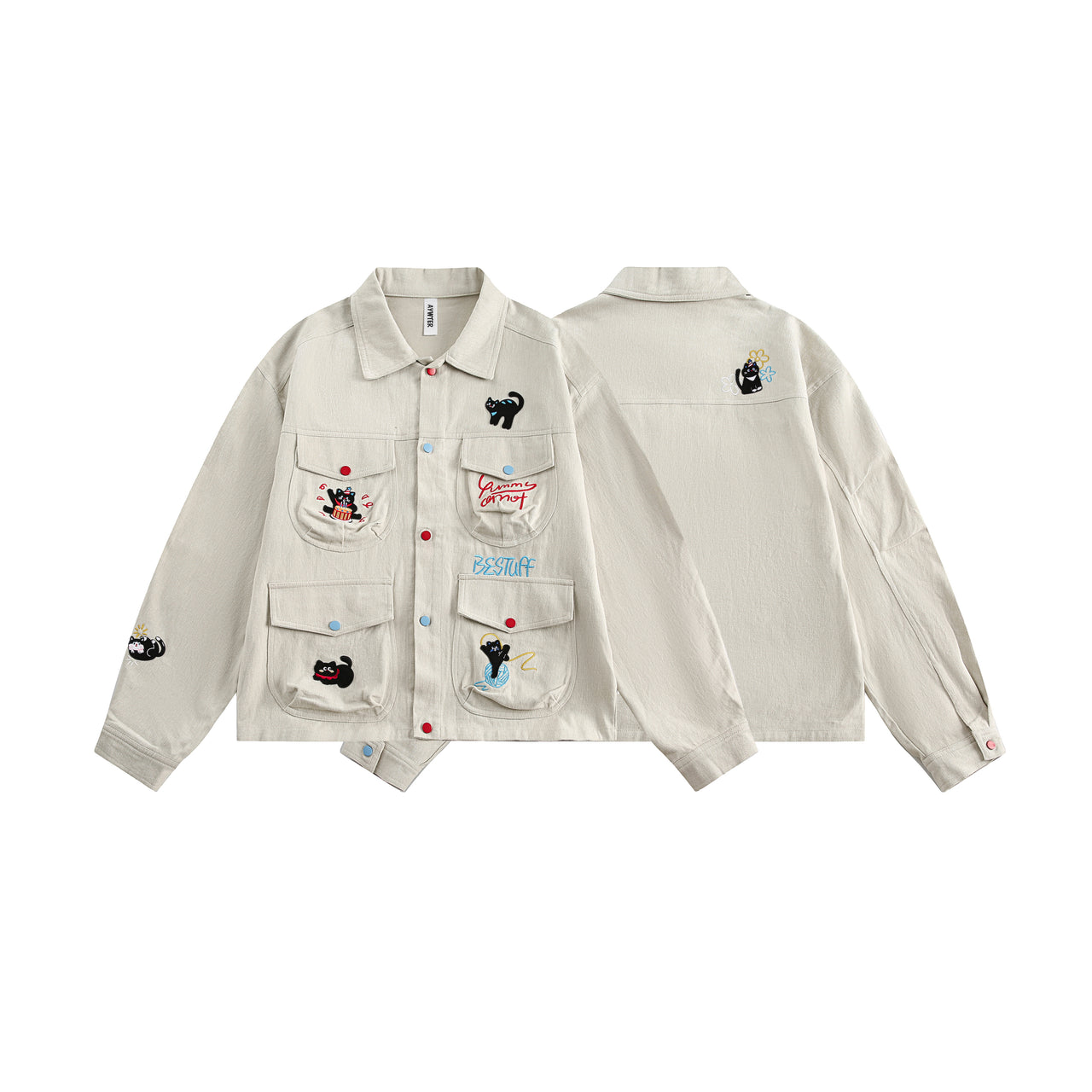 Fun Cat Embroidered Work Jacket