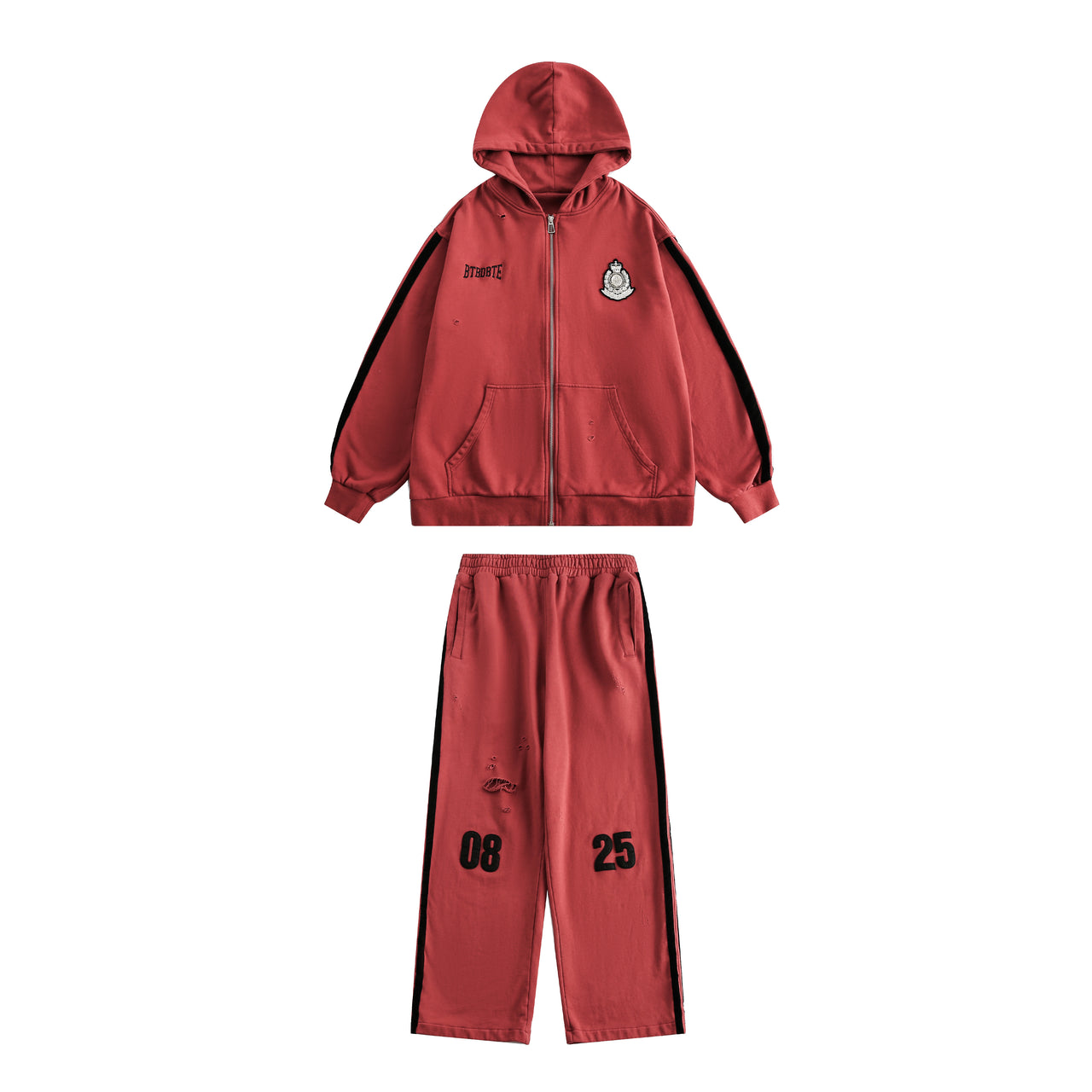 Distressed Embroidered Hoodie Zip-Up Set