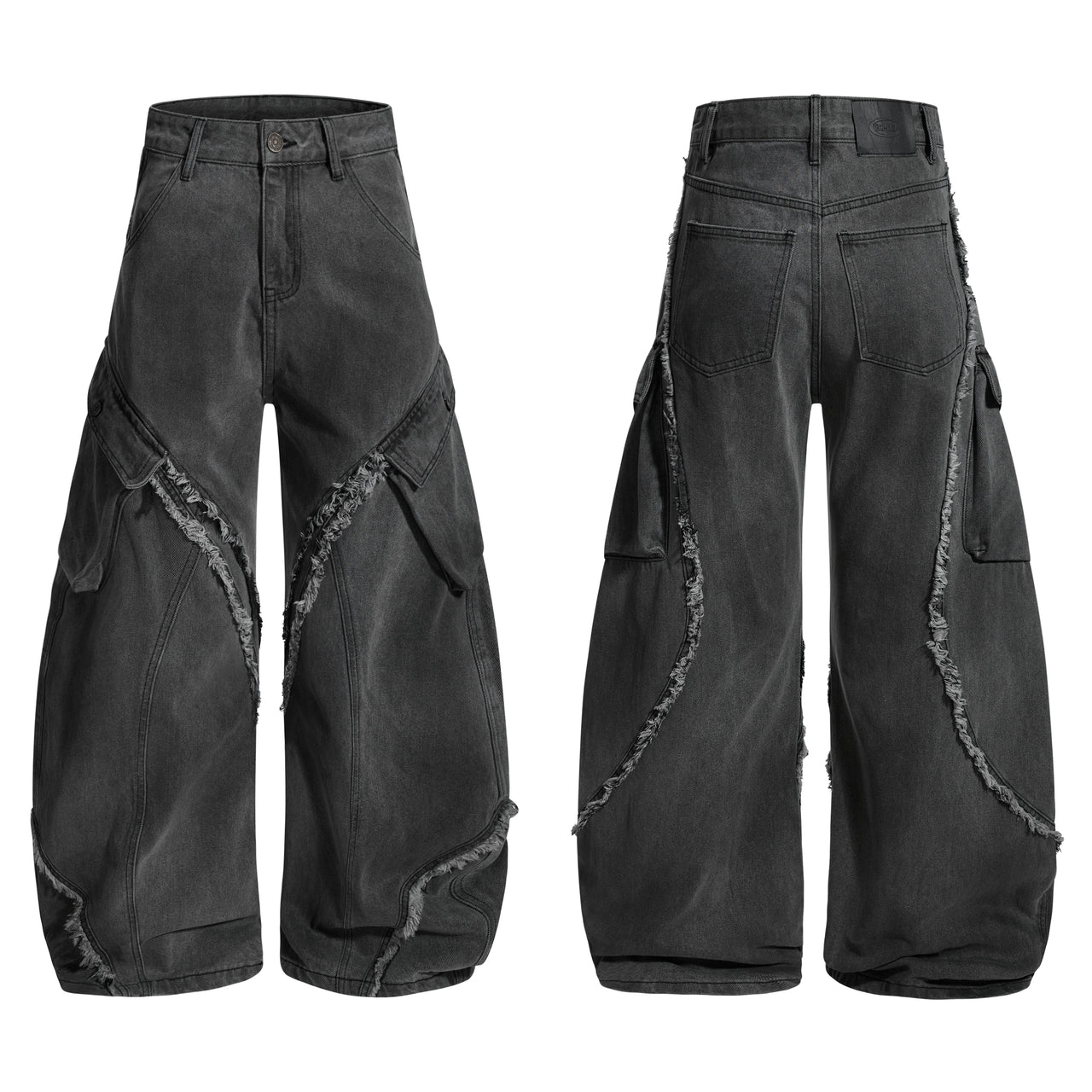 Omirad Washed Frayed Curved Cargo Jeans