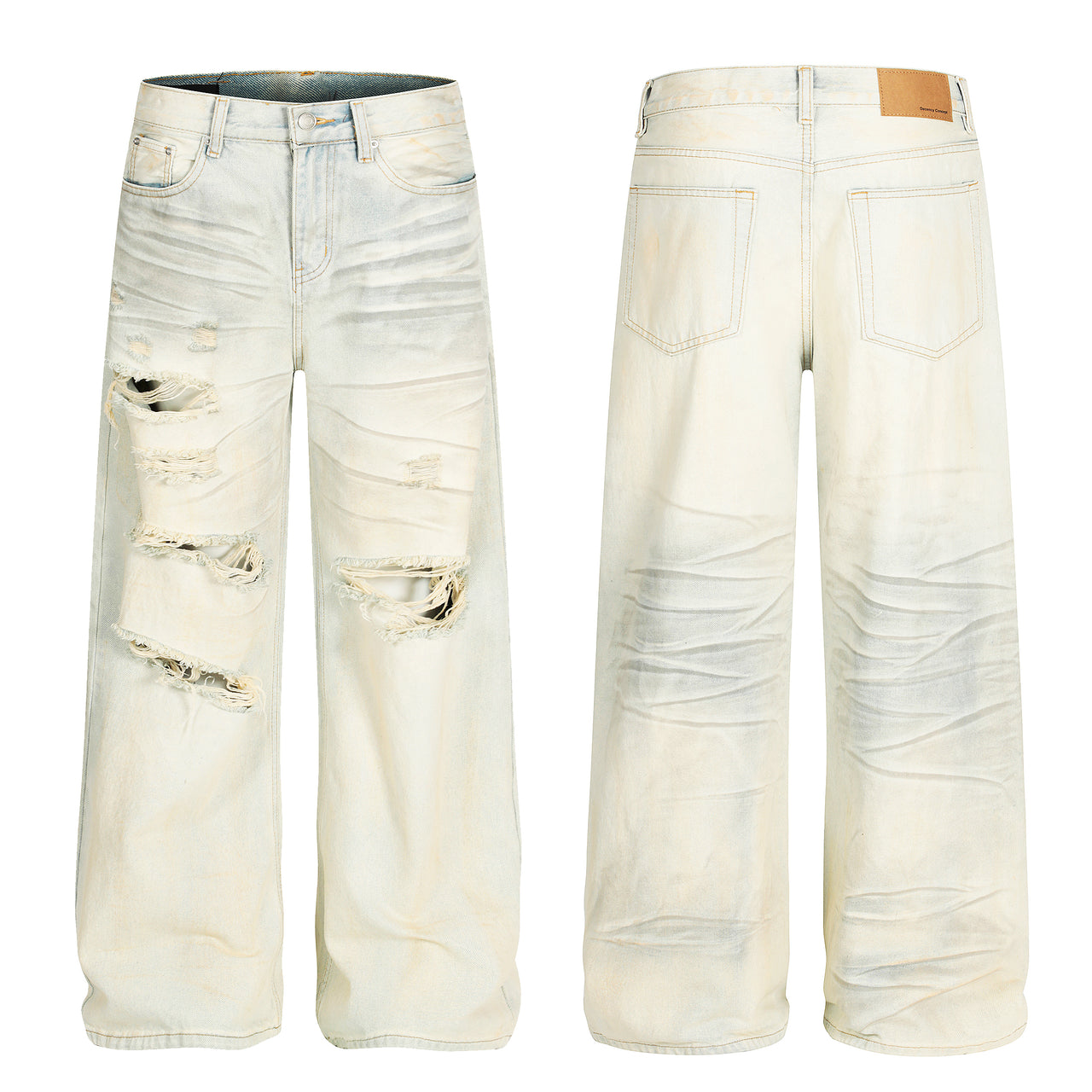 Omirad Cream-Distressed Wide-Leg Jeans