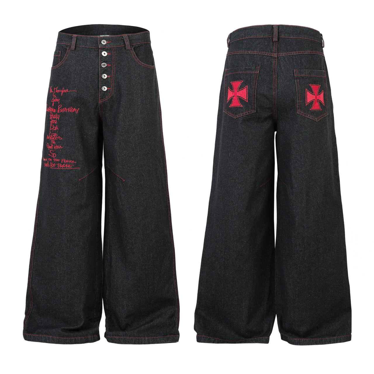 Omirad Red Stitch Embroidered Wide-Leg Jeans