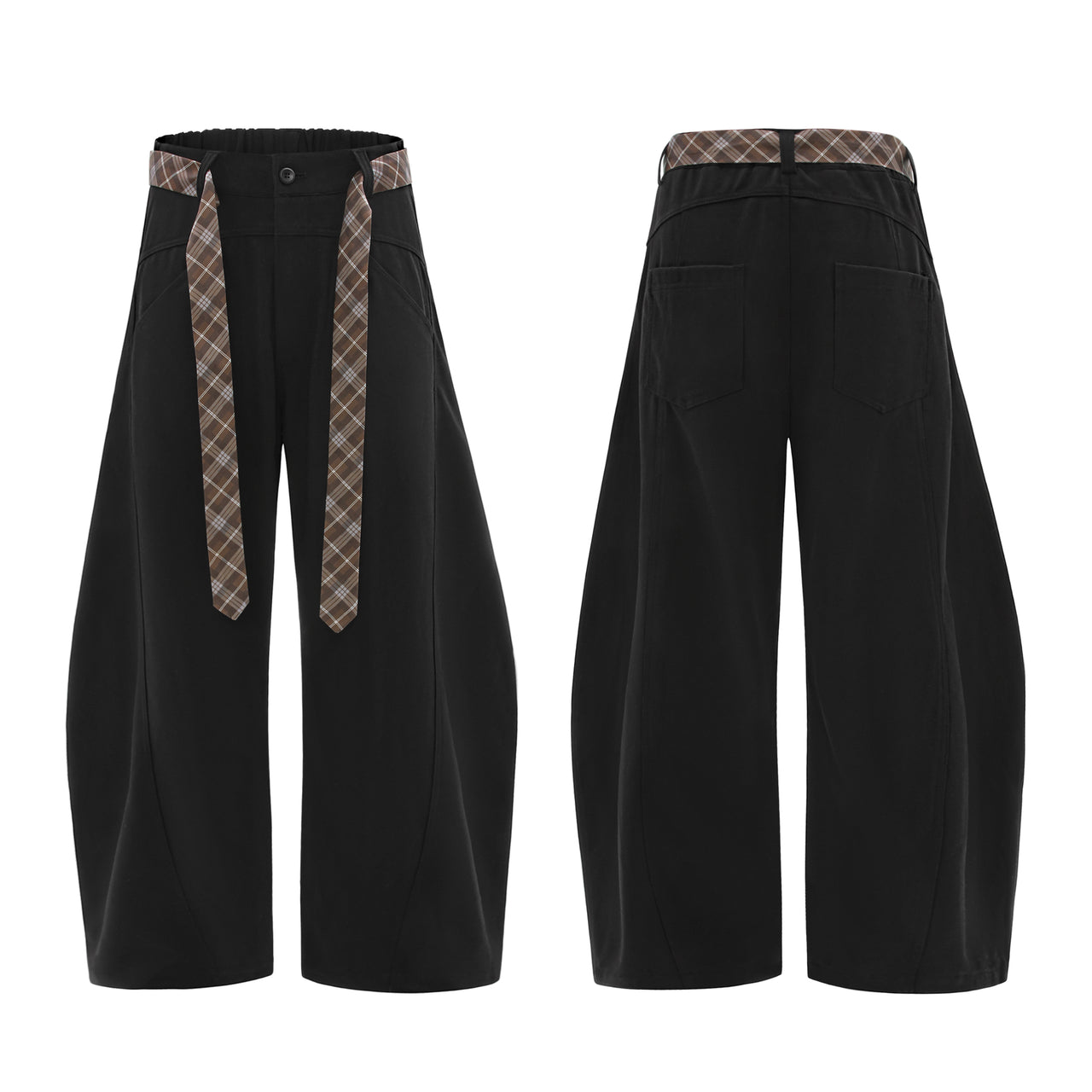 Omirad Plaid-Belt Curved Leg Pants