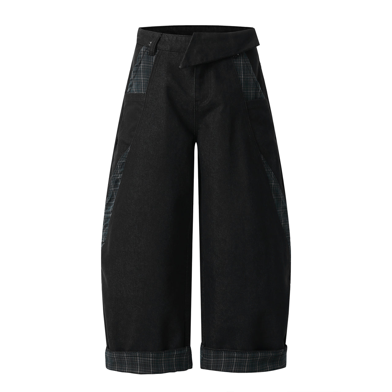 High-Street Irregular Patchwork Plaid Curved-Cut Jeans