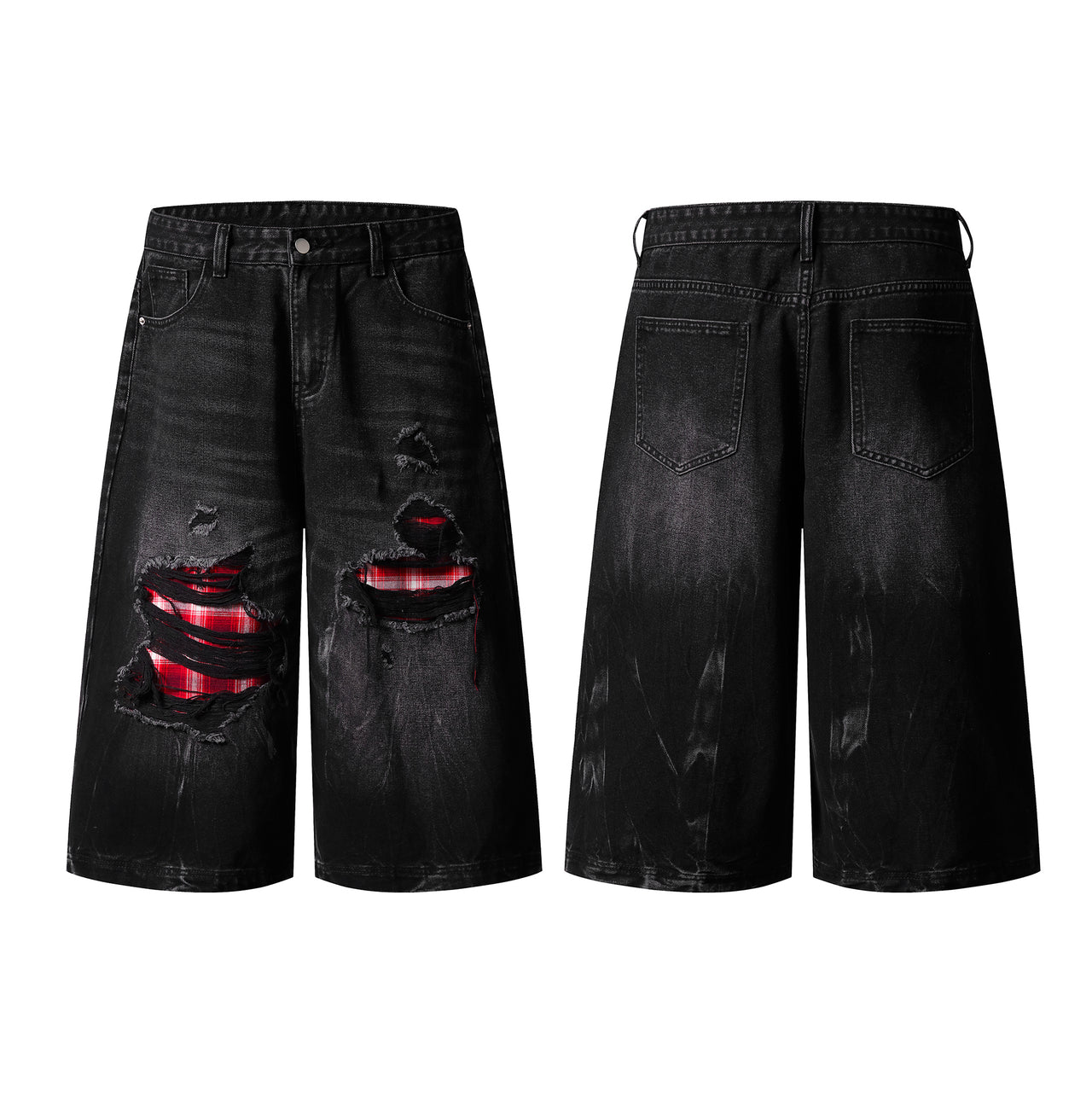 Omirad Plaid-Lined Distressed Wide-Leg Denim Shorts