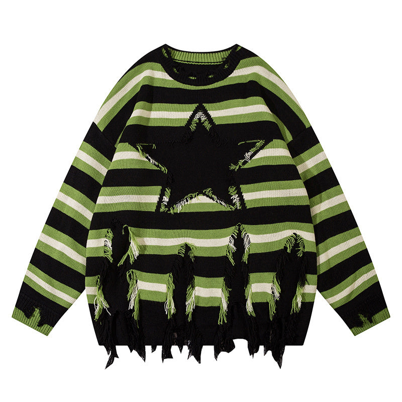 American Streetwear Striped Frayed Sweater