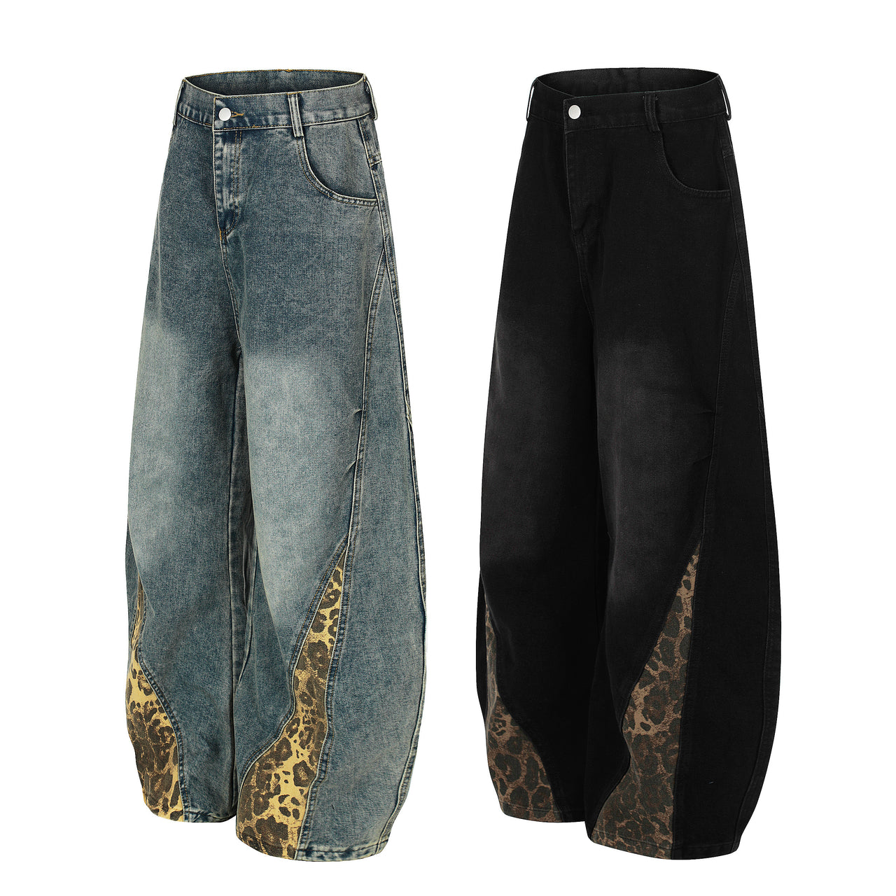 Omirad Leopard-Panel Wide-Leg Denim Pants