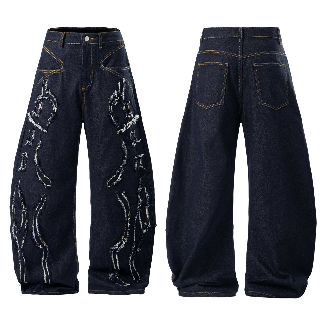 Omirad Distressed Flame Stitch Baggy Jeans
