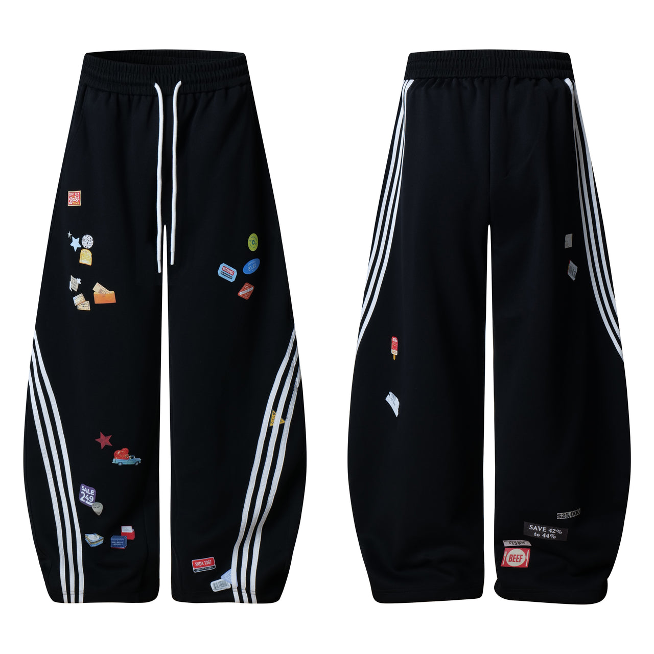 Streetwear Triple-Stripe Print Curved-Cut Casual Pants
