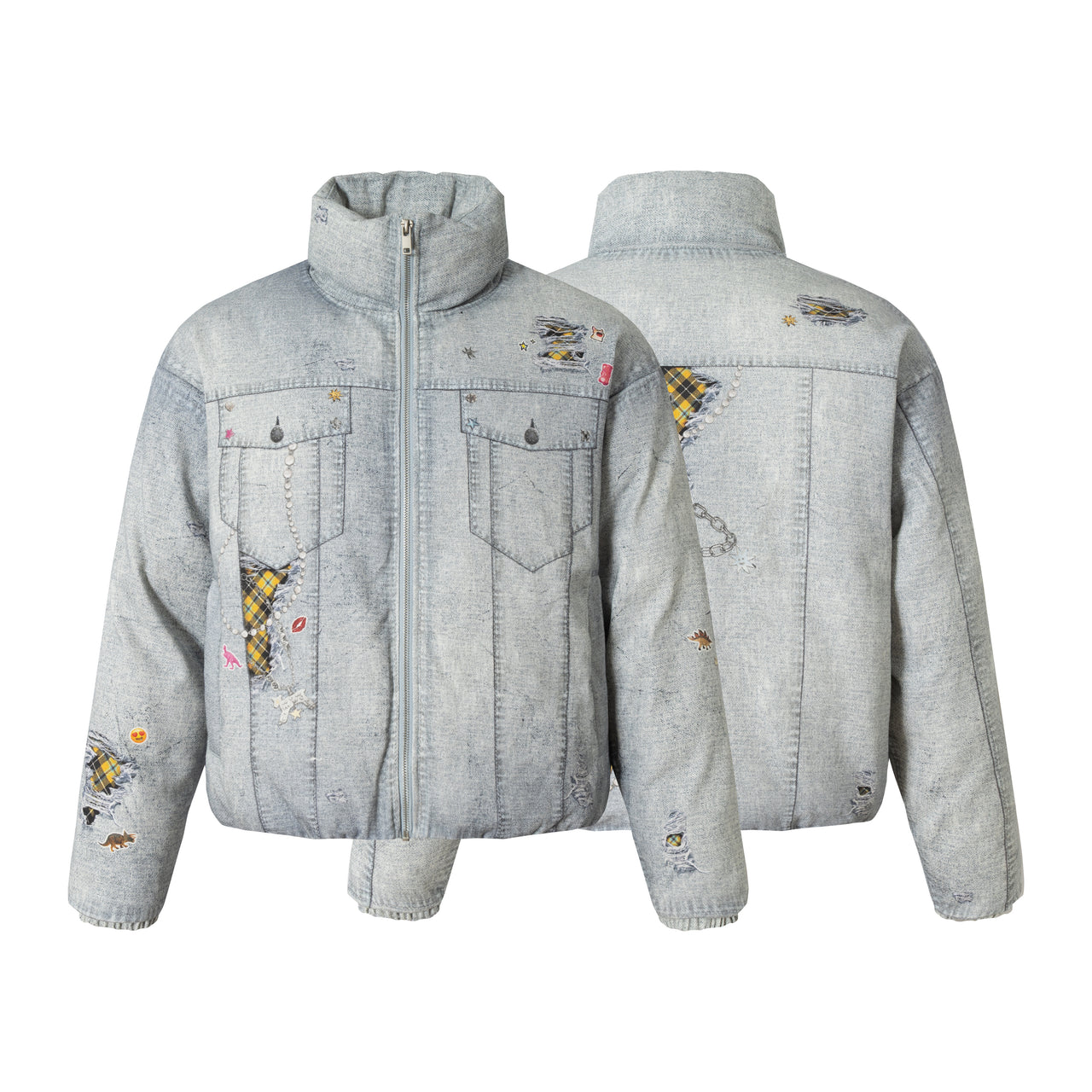 Omirad Patchwork Distressed Denim Puffer Jacket