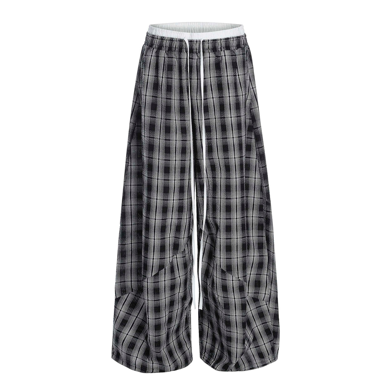 Black and White Plaid Wide-Leg Casual Pants