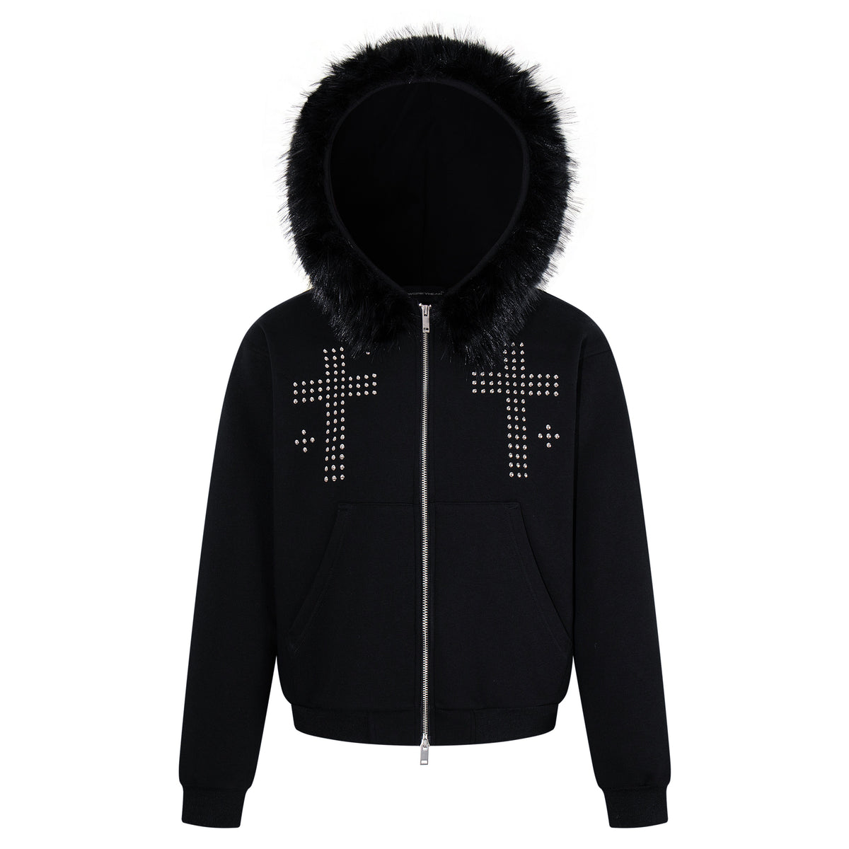Omirad Studded Cross Faux Fur Zip-Up Hoodie
