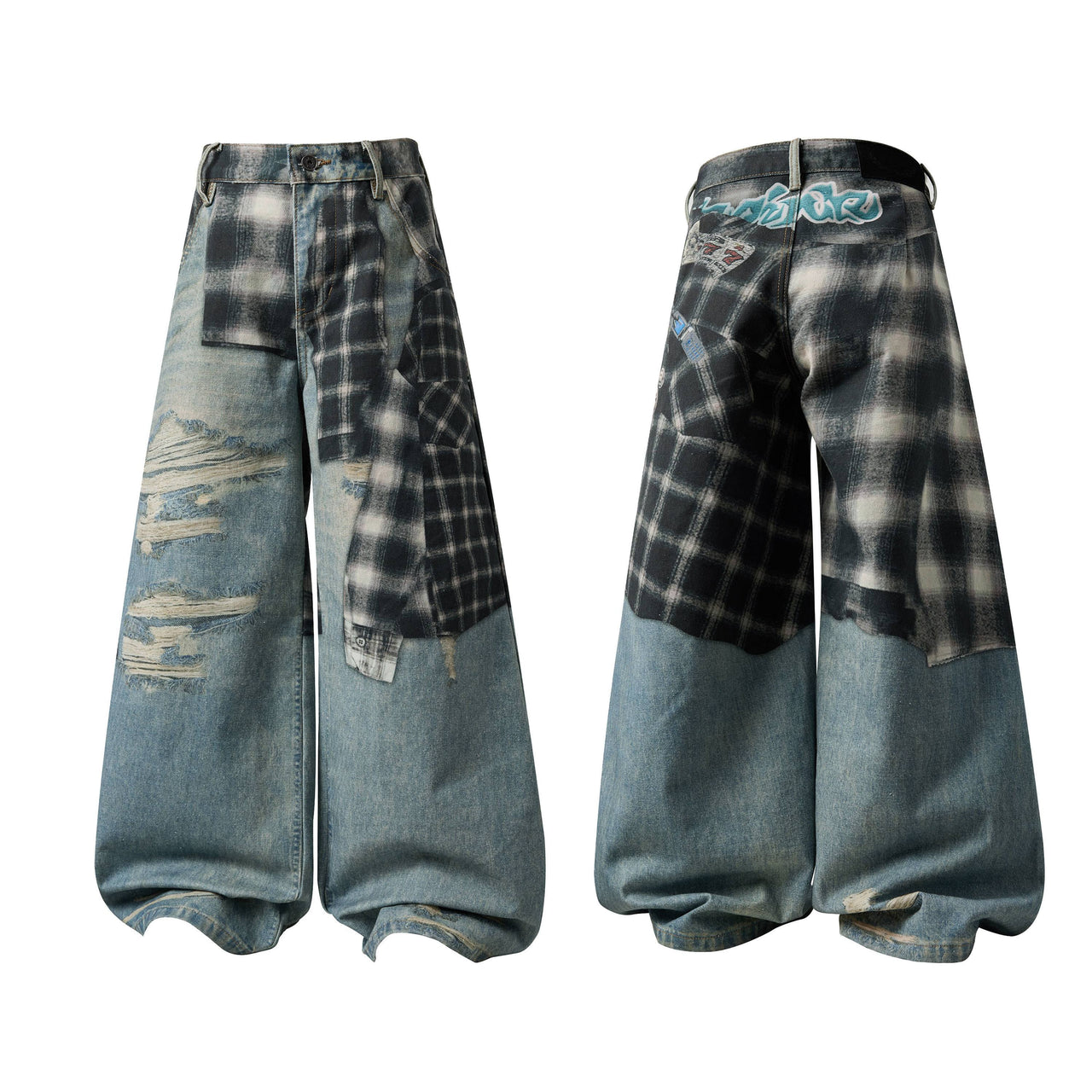 Omirad “Layered Flannel Patchwork Balloon Jeans”