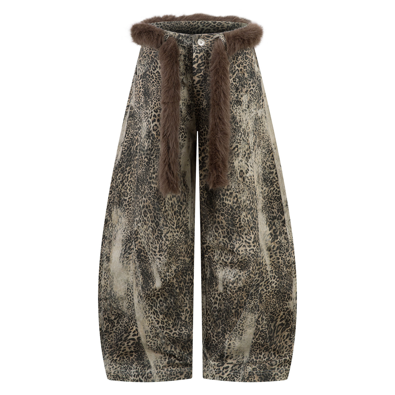 Omirad Furry Trim Leopard Wide-Leg Pants