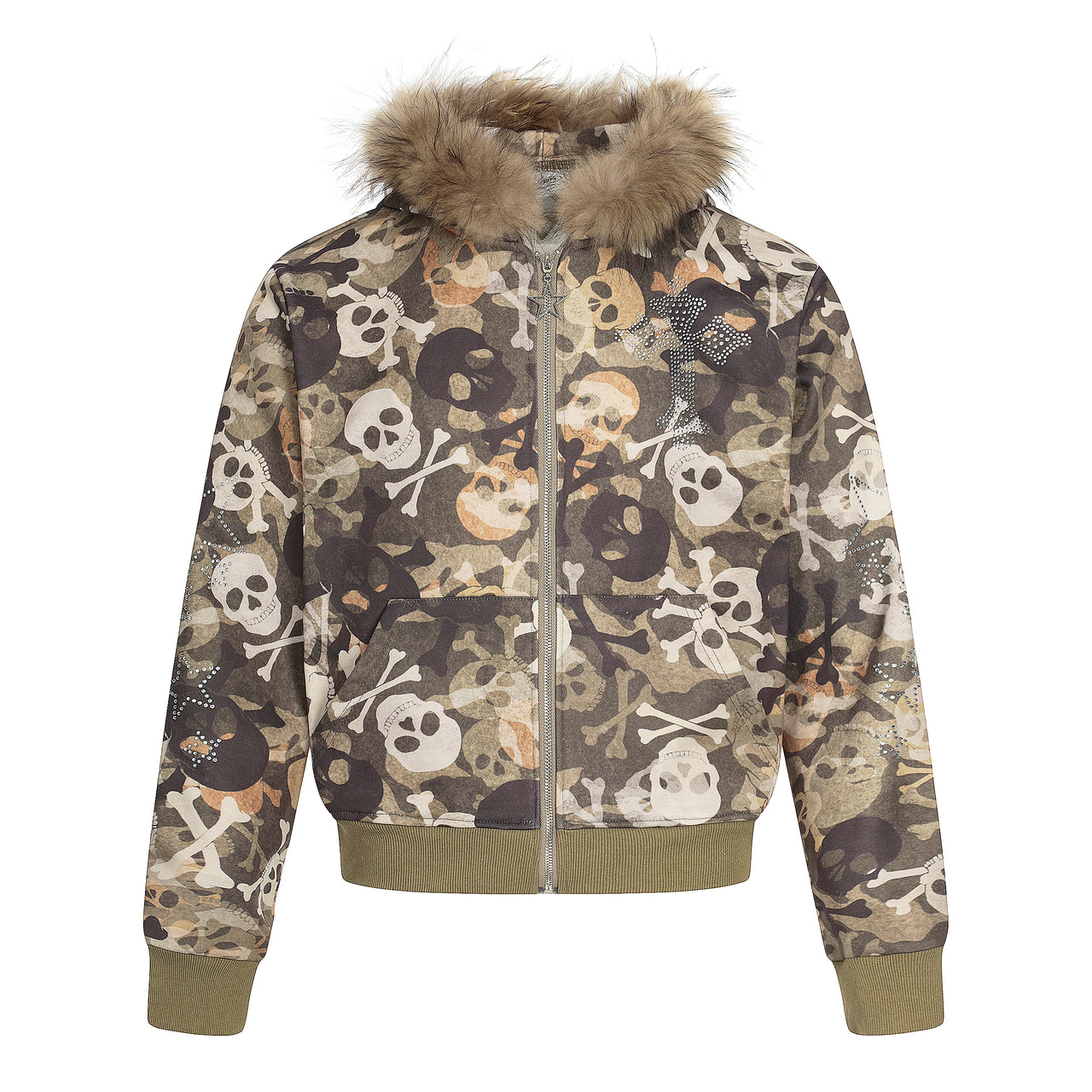 American Streetwear Skull Print Fur-Lined Zip-Up Hoodie
