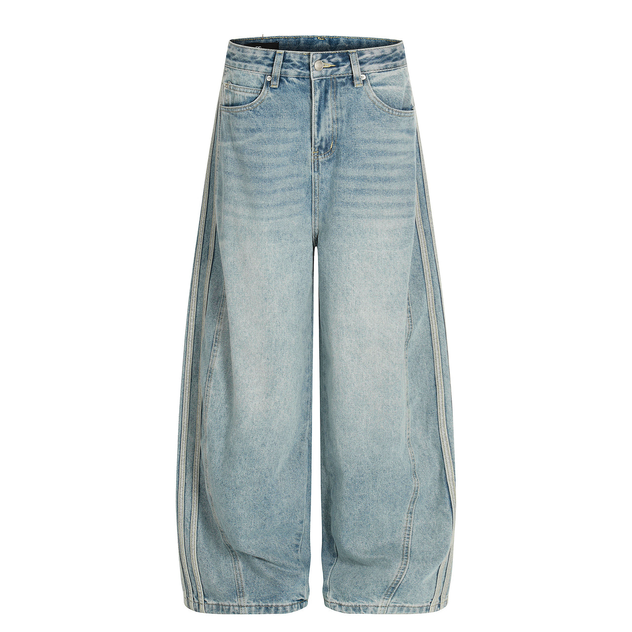 Whiskered Washed Curved-Cut Jeans