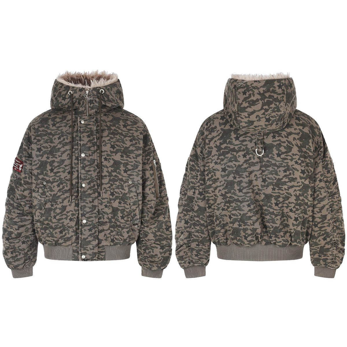 Omirad Camo Faux Fur Hood Utility Bomber Jacket