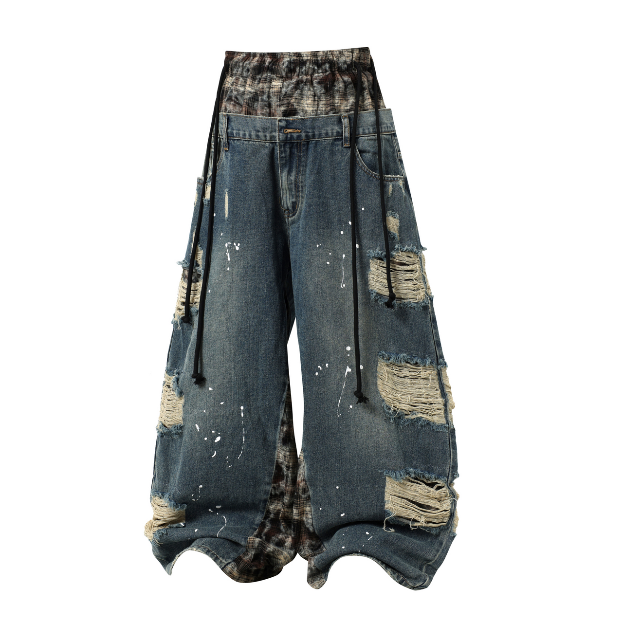 American Streetwear Double-Waist Plaid Patchwork Wide-Leg Jeans