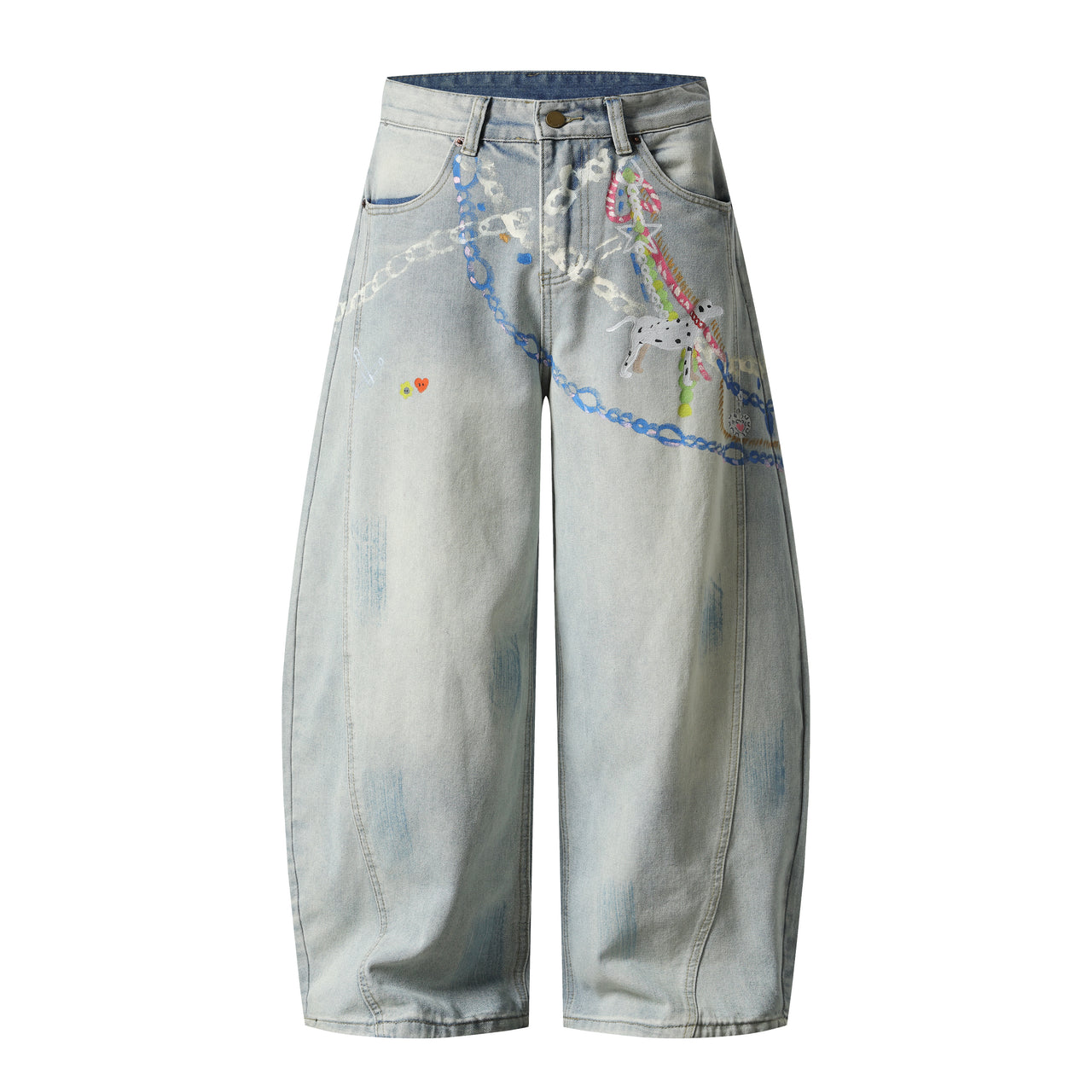 Streetwear Chain Graphic Curved Jeans