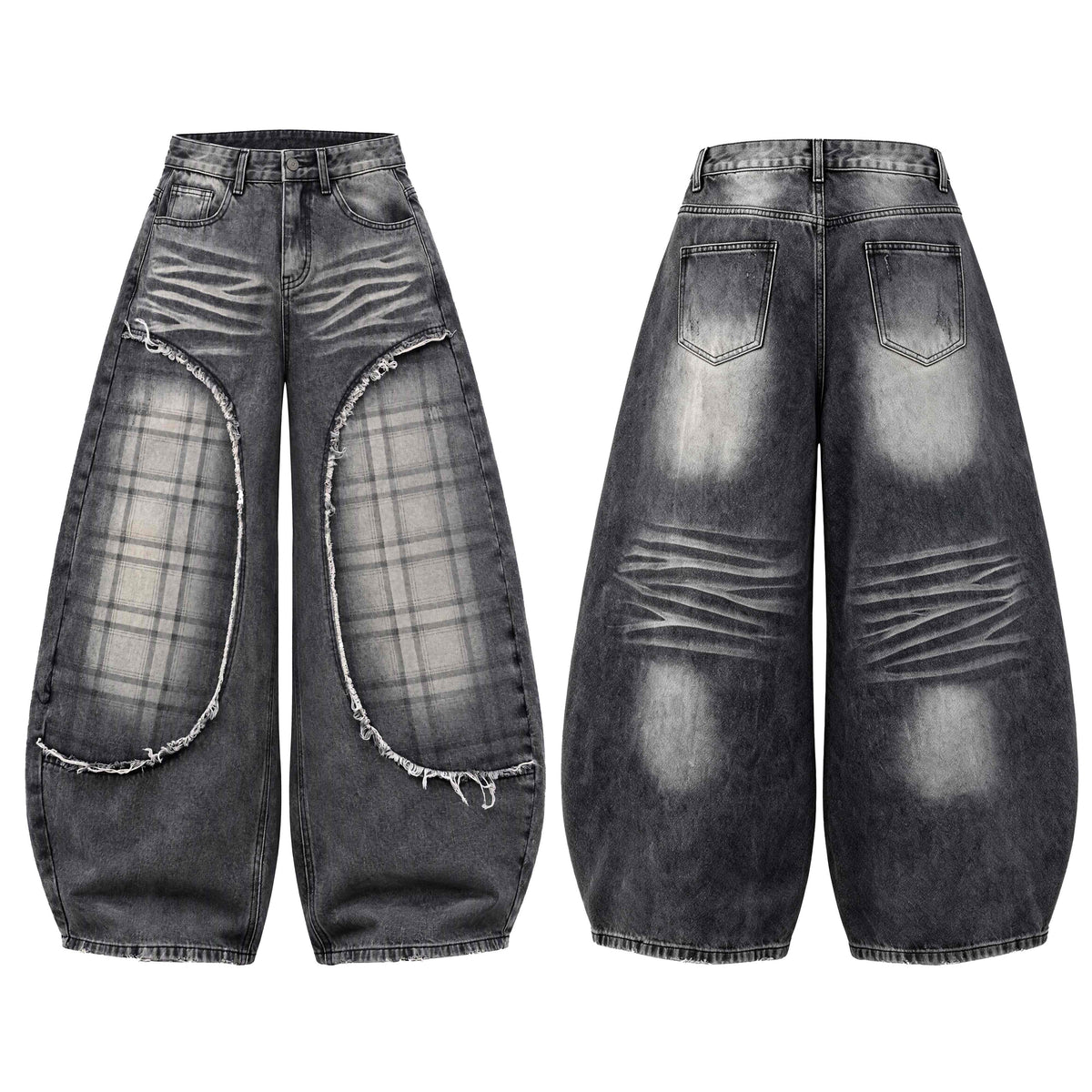 Omirad Plaid Panel Distressed Barrel-Leg Jeans