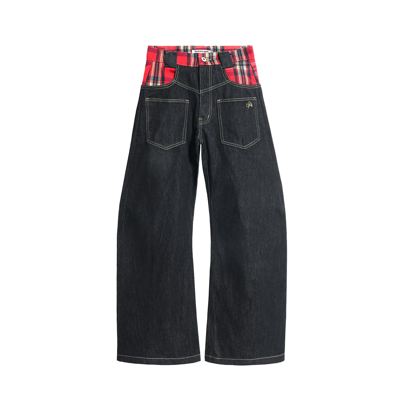 American Streetwear Plaid Patchwork Denim Jeans