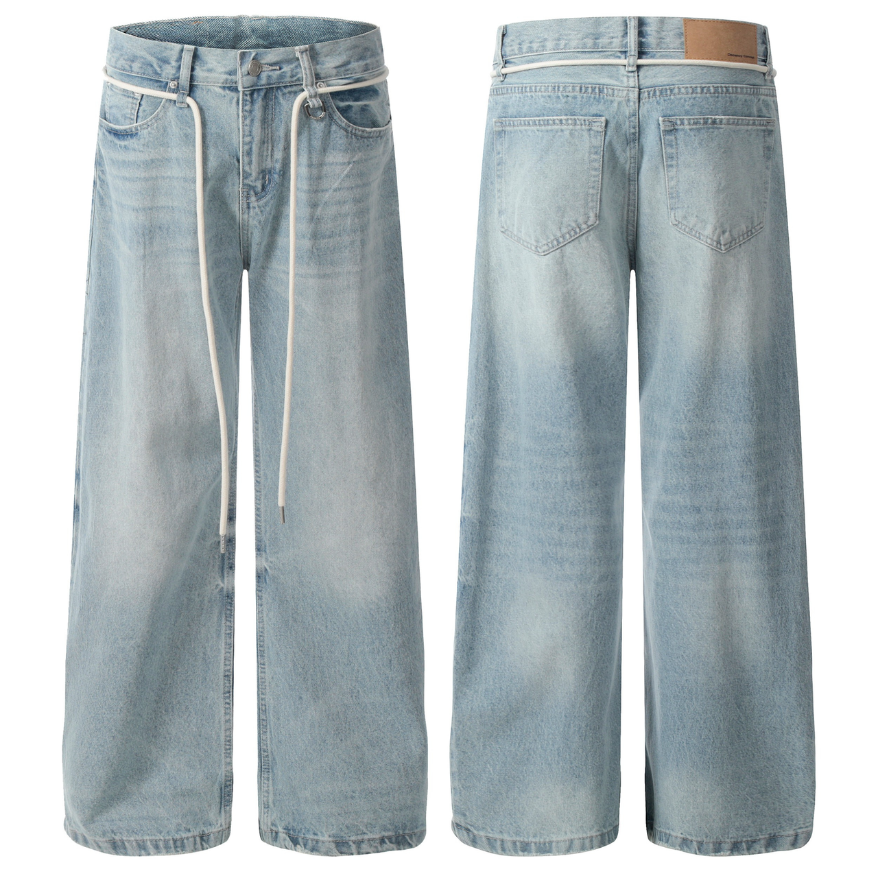 Omirad Rope-Belt Light-Wash Wide-Leg Jeans