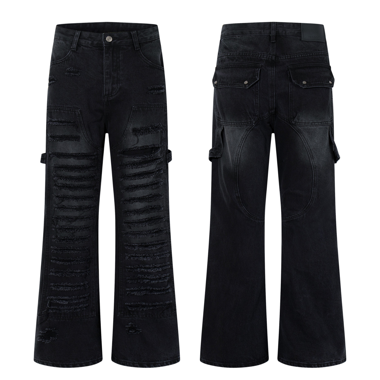 Omirad Shredded Ribbed Black Wide-Leg Jeans