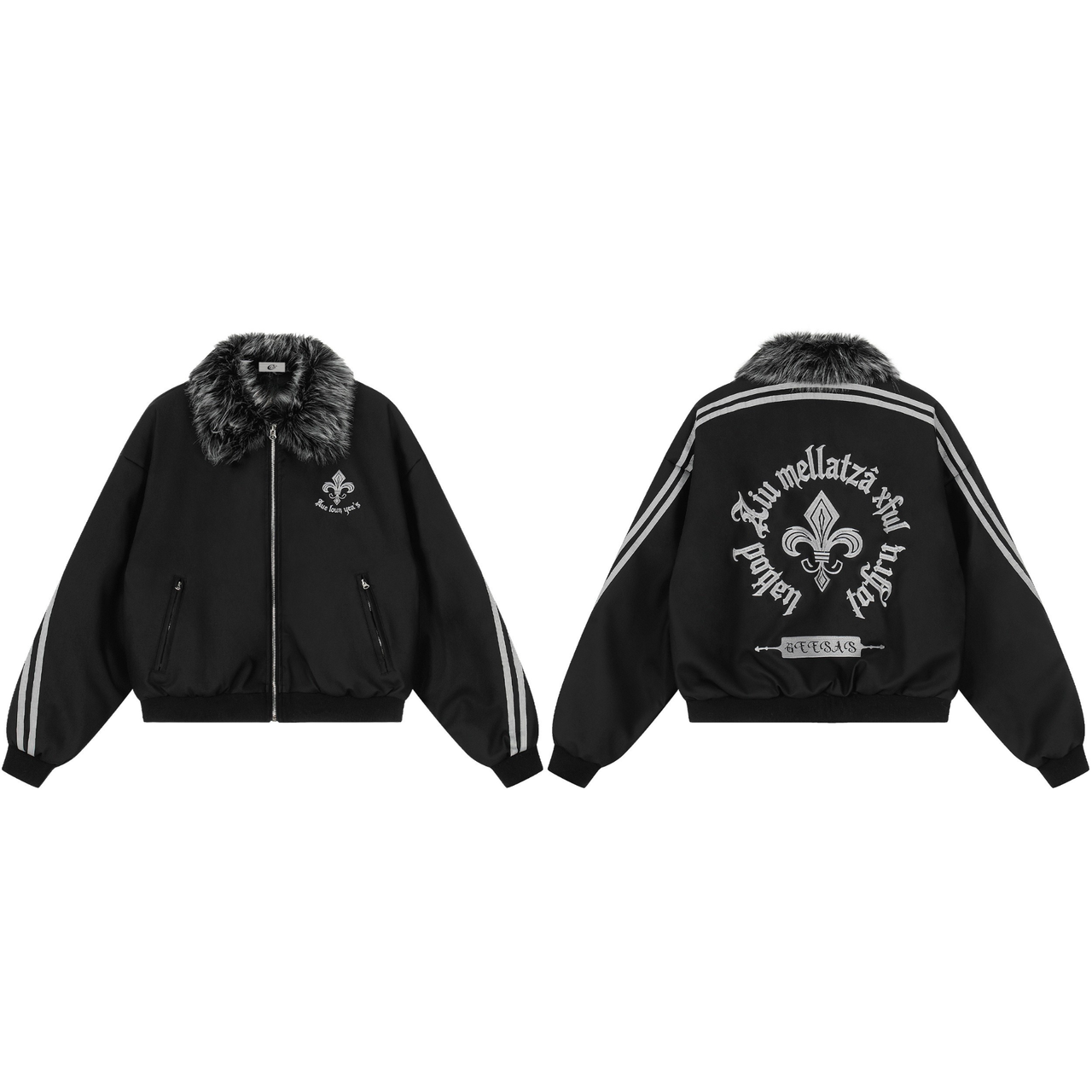 Omirad Faux Fur Collar PU Embroidered Bomber Jacket