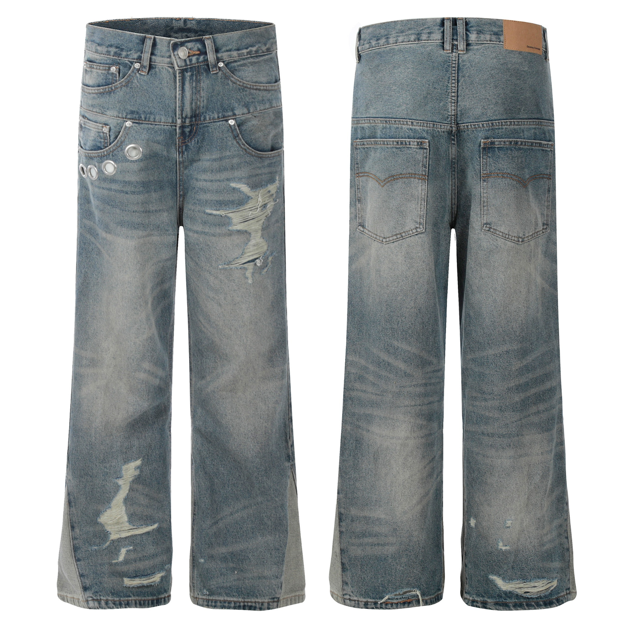 Omirad Destroyed Rivet Wide-Leg Jeans