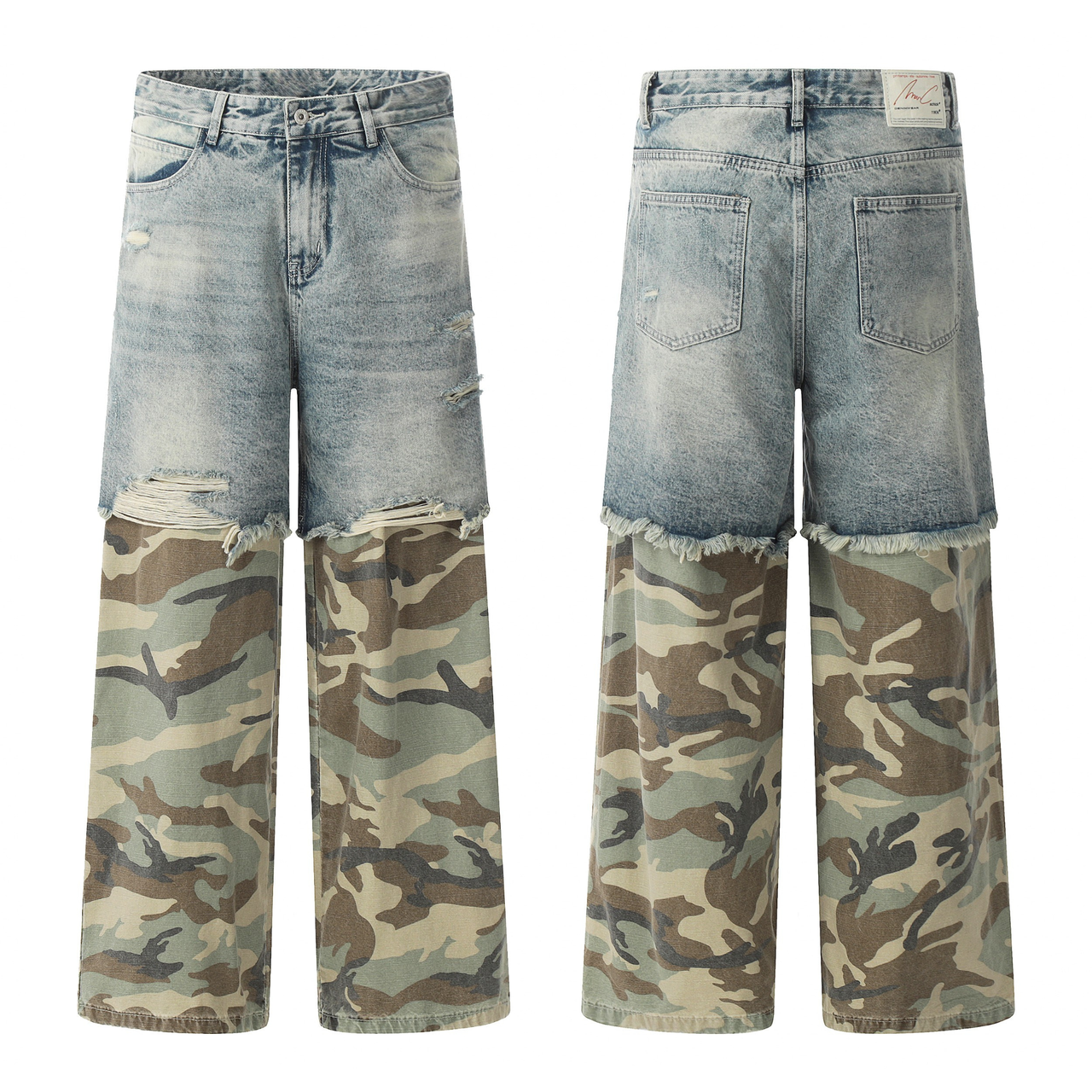 Omirad Hybrid Camo-Denim Patchwork Wide Leg Jeans