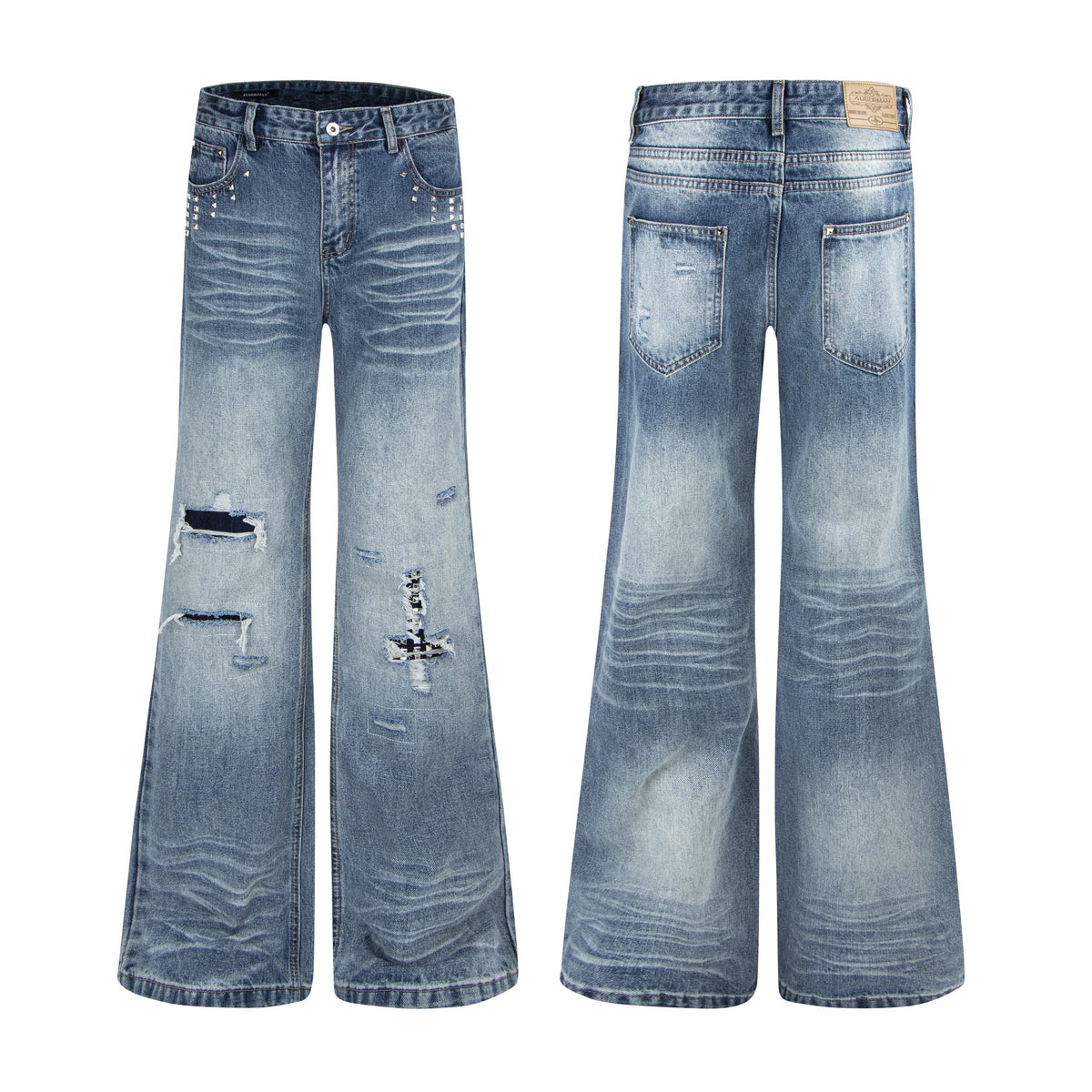 Omirad Distressed Studded Wide-Leg Jeans