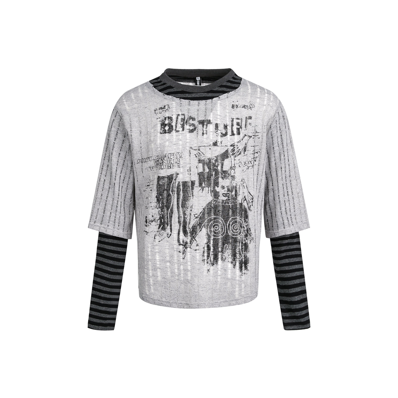 American Street Style Portrait Print Layered Look Sweater