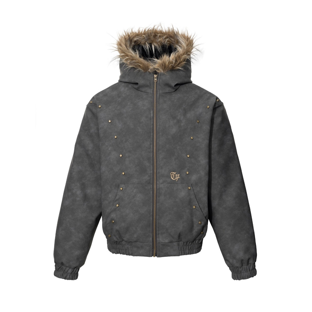 Omirad Studded Faux Fur Hood Bomber Jacket