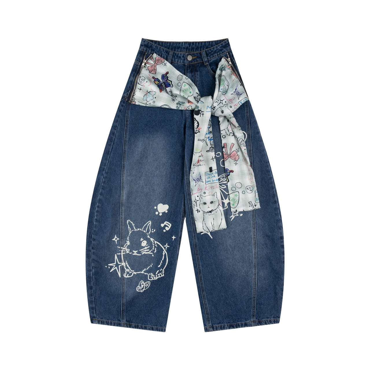 High-Street Detachable Curved-Leg All-Over Printed Shirt-Panel Jeans